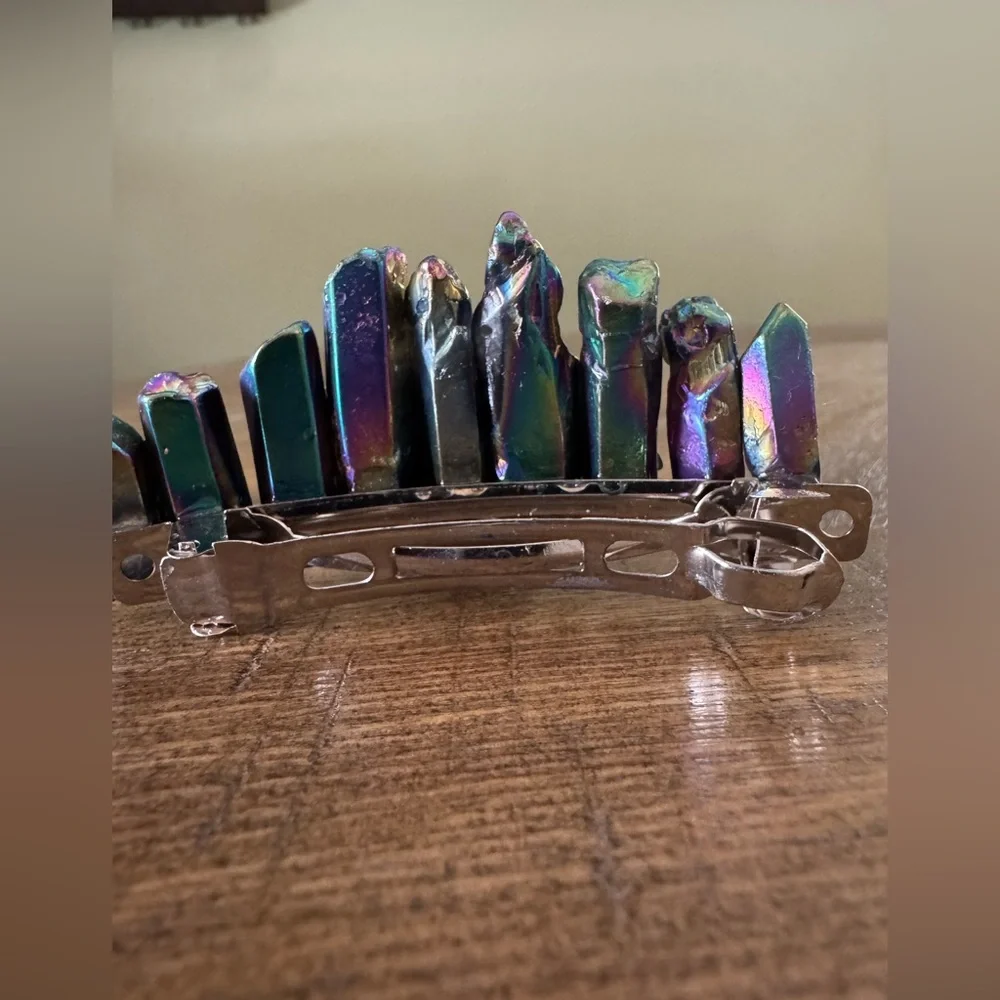 Titanium Rainbow Aura Quartz with Patina Bat Handmade Hair Clip - Picture 3 of 5